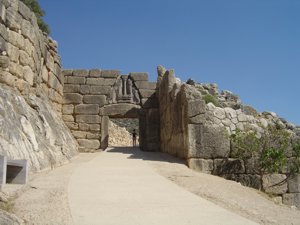 The entrance to the ruins of the Citadel at Mycenae, Peloponnese, Greece