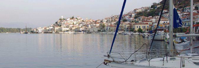 Looking to the west along the southern channel from the Greek Sails quay towards Poros town