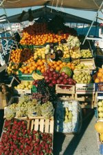 A typical fruit caique in Aegina selling fruit directly from the boat