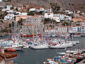 The busy harbour on the popular island of Hydra where vehicles are banned