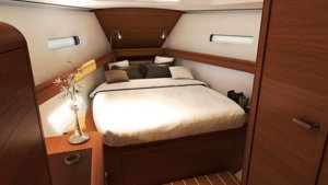 The Sun Odyssey 439 has a large forepeak cabin with en suite heads (toilet & shower)