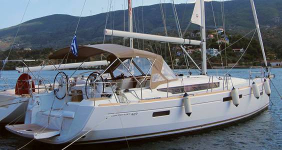 A Greek Sails Jeanneau Sun Odyssey 469 on our quayside in Poros