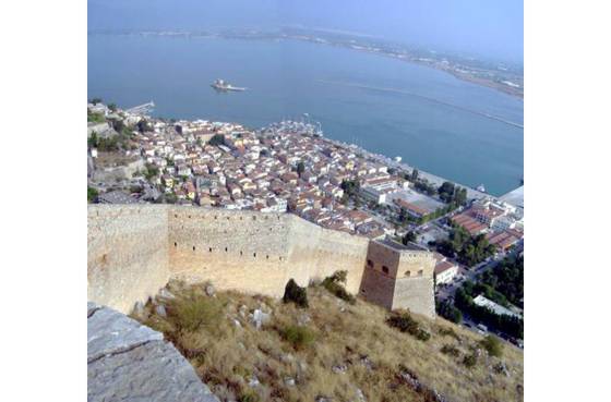 Sailing holiday locations in Greece: Looking down from the Palamidi at the town, harbour and Bourtzi fort