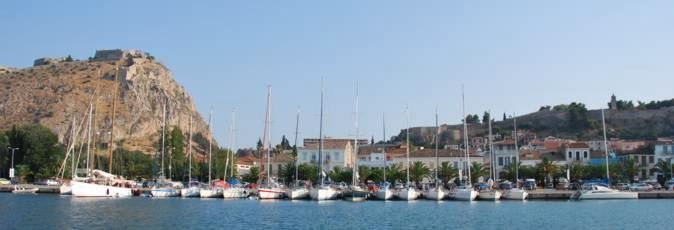 The waterfron at Navplion with the huge Venetian Palamidi fortress high above